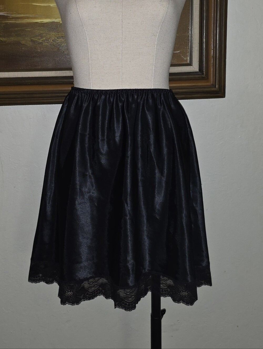 Vintage Farr West Lace Trim Black Liquid Satin Mini Slip Skirt